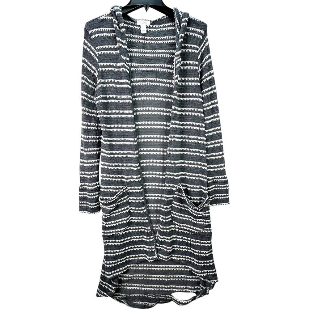 🌸3/$15🌸 FULL TILT Gray White Stripe Knit Hooded Long Duster Cardigan Open Front
